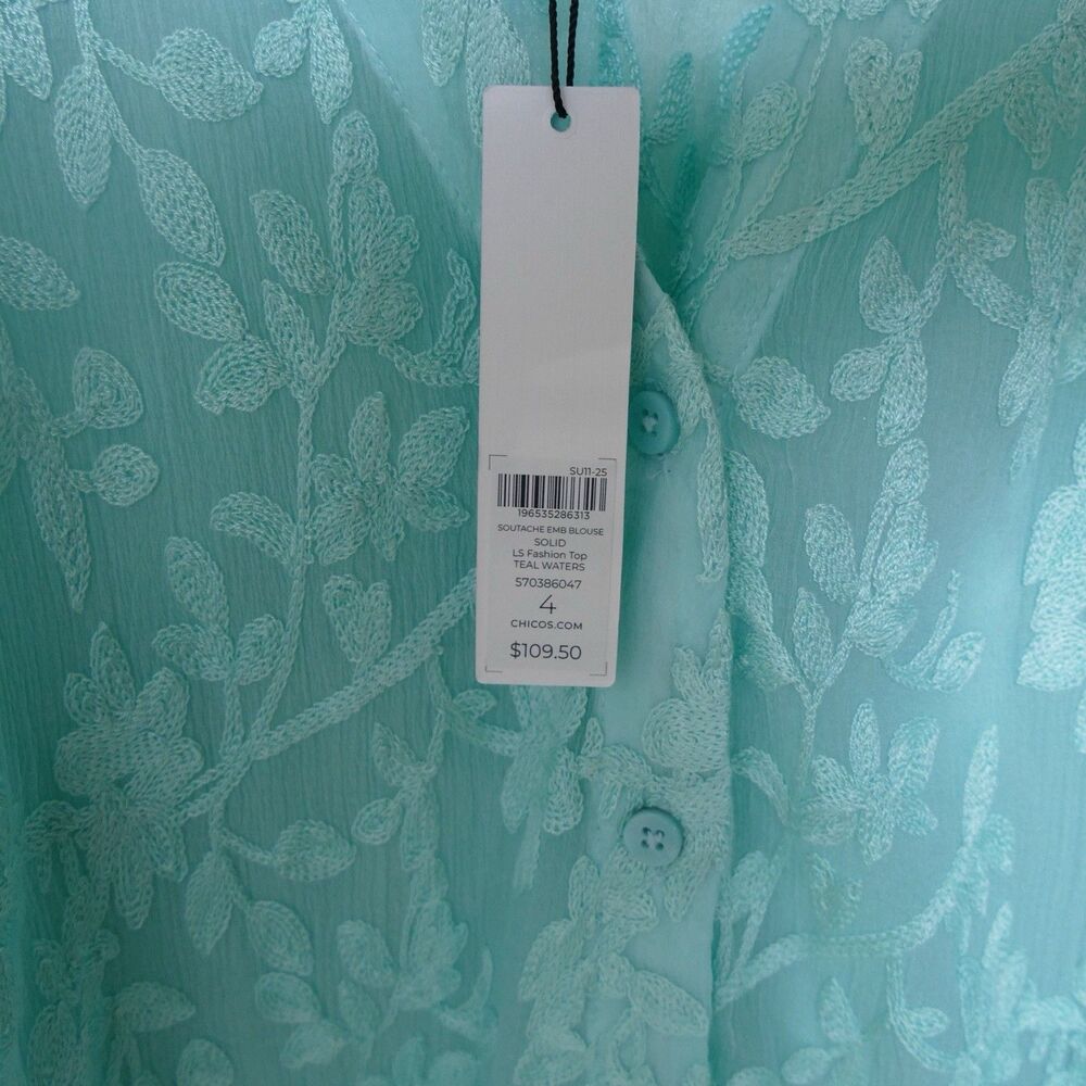 Chico’s NWT Soutache Embroidered Tunic Blouse Balloon Sleeve Teal Waters Sz 4 - Picture 6 of 8